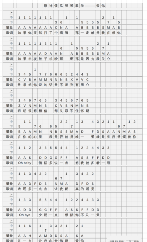 原神爱你琴谱