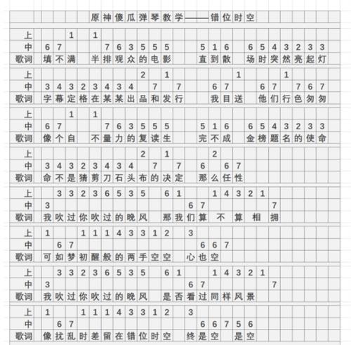 原神错位时空琴谱